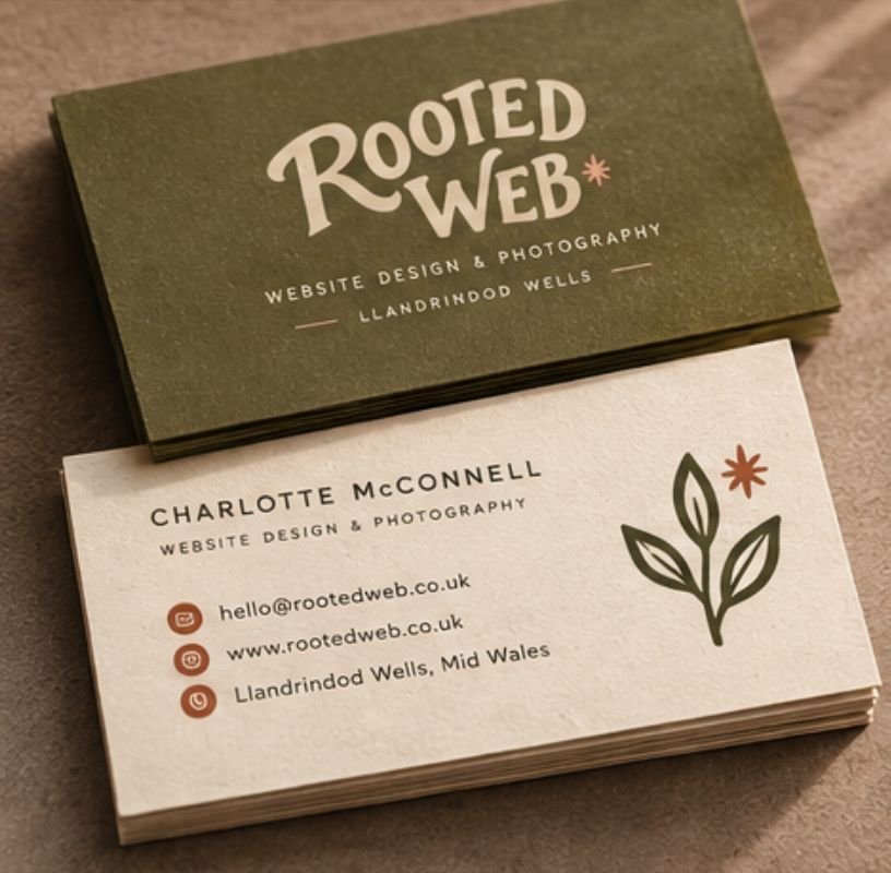 Rooted Web business cards in olive and cream, printed with the logo and a leafy sprig