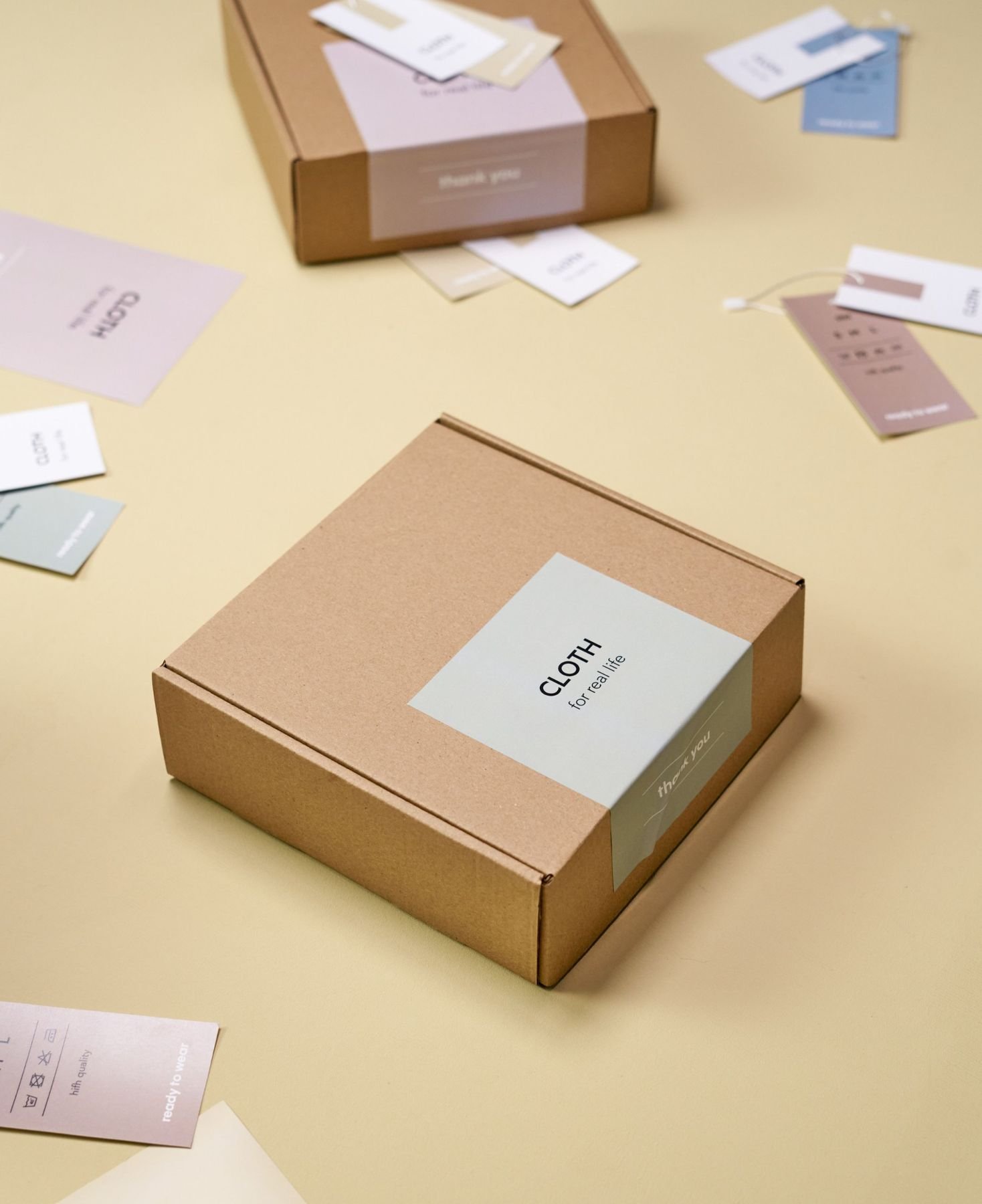 A branded cardboard mailing box surrounded by swing tags, ready to send to an online customer