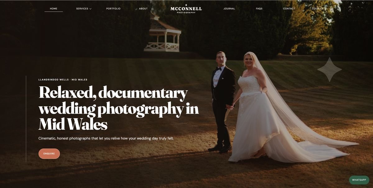 The McConnell Photography homepage, with a bride and groom walking across a lawn at golden hour