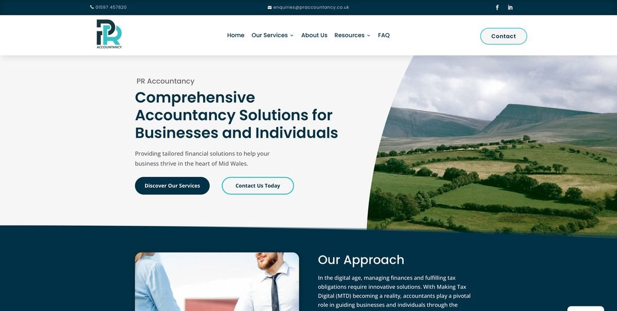 The PR Accountancy homepage, with its heading beside a photo of green Mid Wales hills